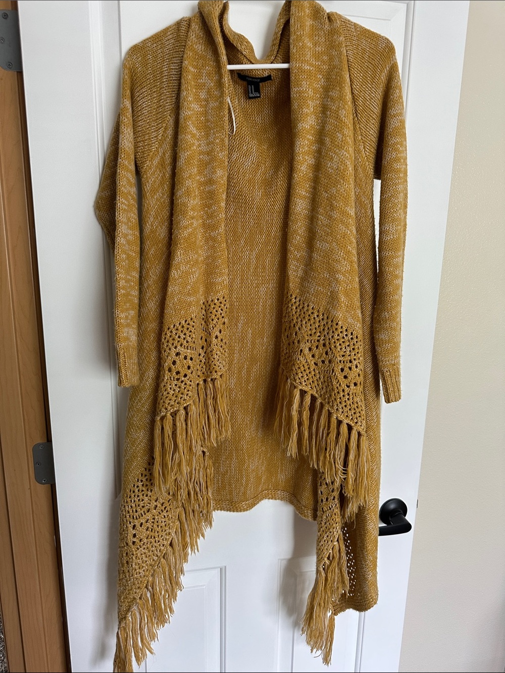 Forever 21 Mustard Open-Front Fringe Cardigan
